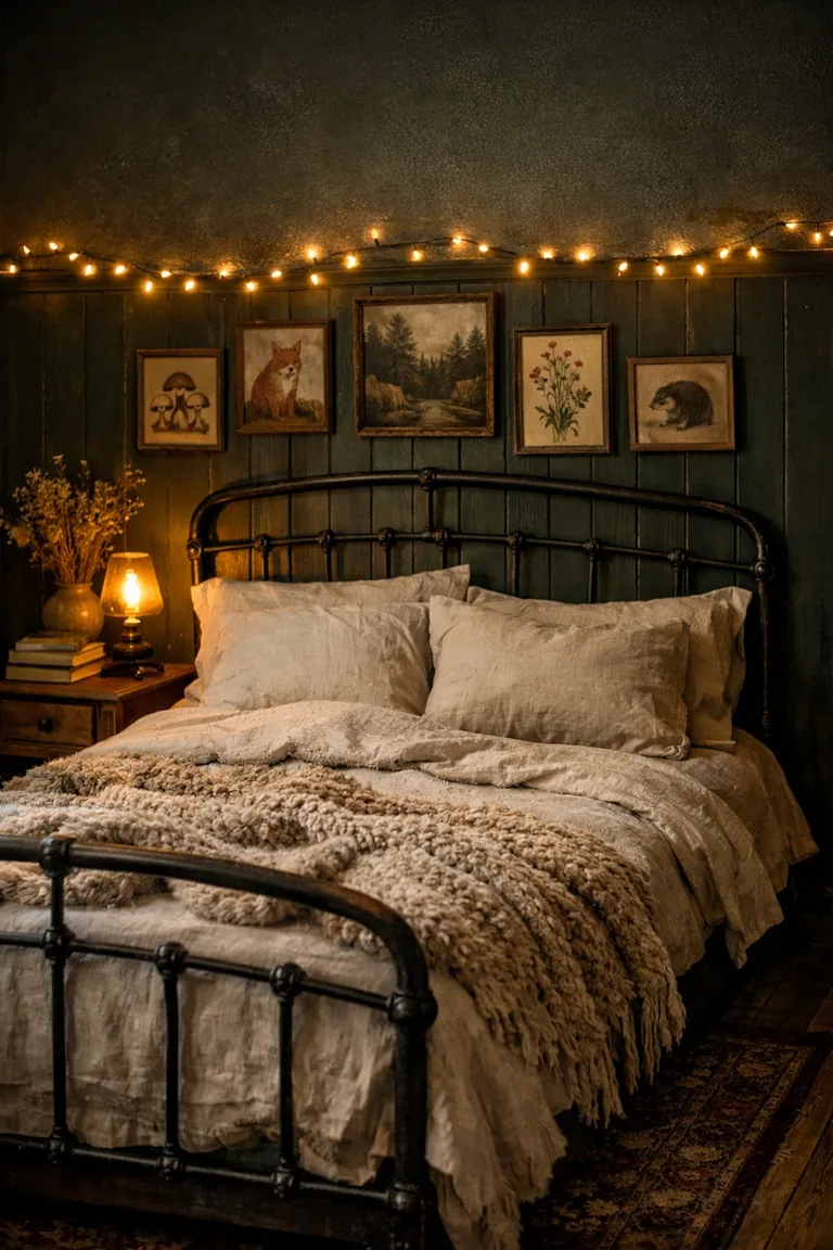 A cozy bedroom with dark green wood paneling, warm fairy lights, a cream-bedded iron bed, nature artwork above the headboard, and a rustic nightstand with a lit lamp and dried flowers.