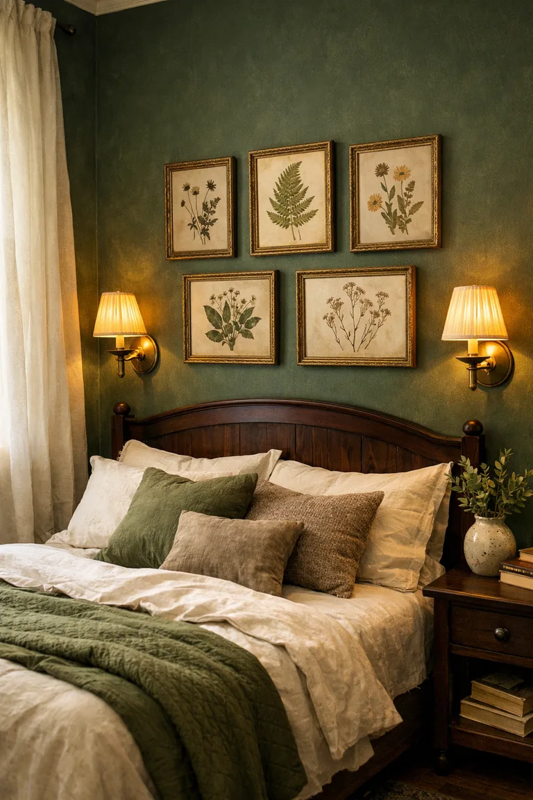 Bedroom with deep forest-green walls, a dark wood bed with cream bedding, and gold-framed botanical prints above the headboard under warm brass sconces.