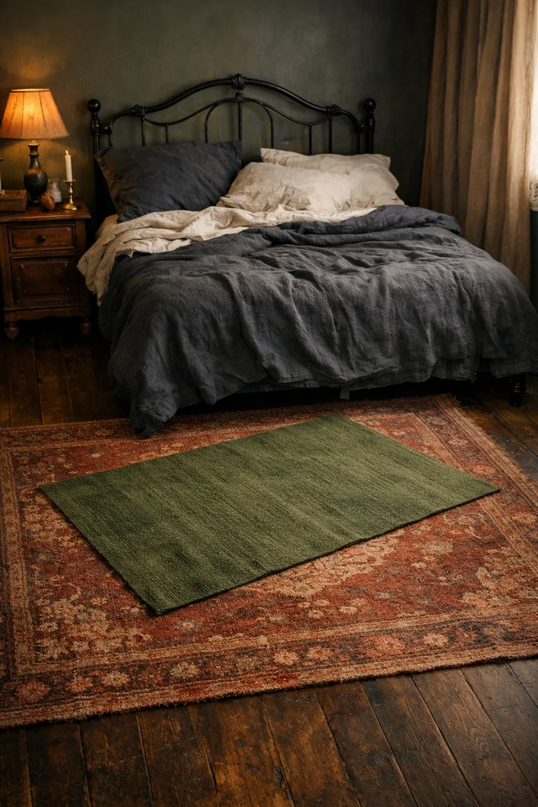 A dark cottagecore bedroom with a wrought-iron bed and two layered rugs in rust, cranberry, and moss tones on a dark wood floor.