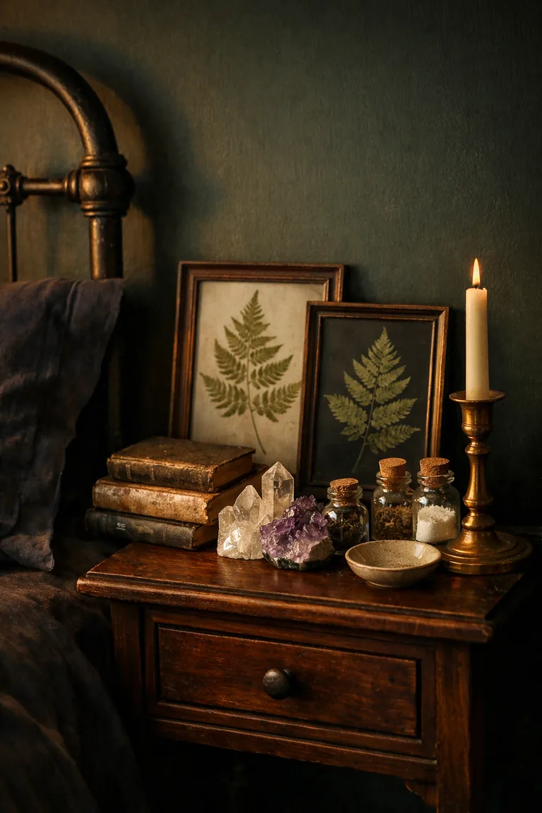 A vintage wooden nightstand with framed pressed ferns, stacked old books, crystals, small glass jars, and a brass candlestick beside a bed with dark bedding.