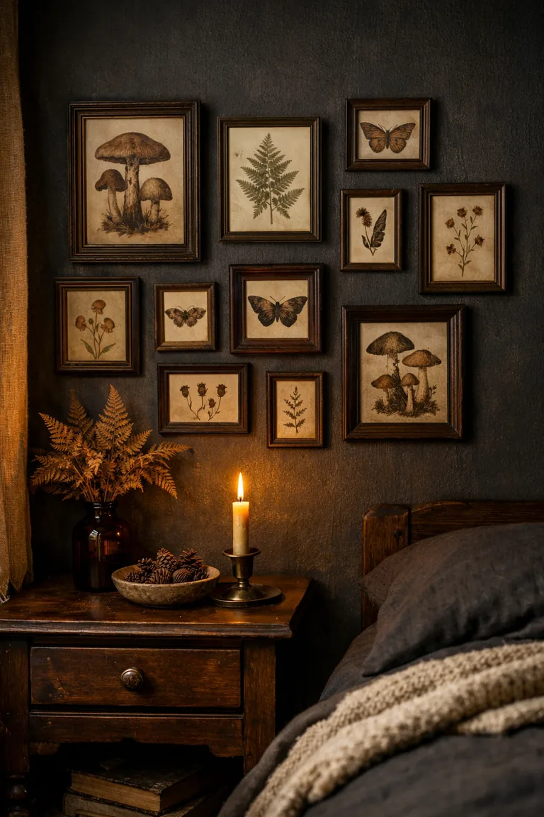 A dark cottagecore bedroom corner with a charcoal wall gallery of framed mushroom, moth, and fern prints above a wooden nightstand holding dried ferns, a dish of pinecones, and a lit taper candle.