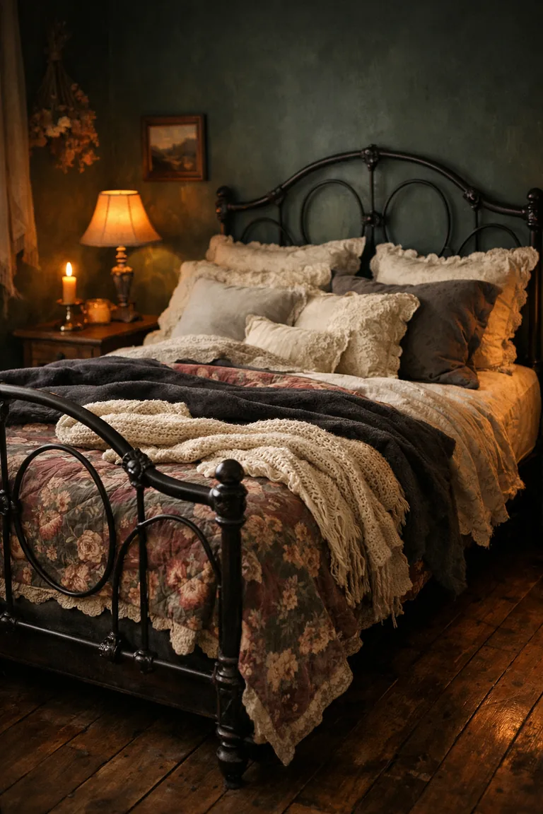 Vintage black iron bed with a faded floral quilt, velvet throw, chunky knit blanket, and lace-trimmed pillows, set against a deep green wall with a bedside table holding a lit candle.