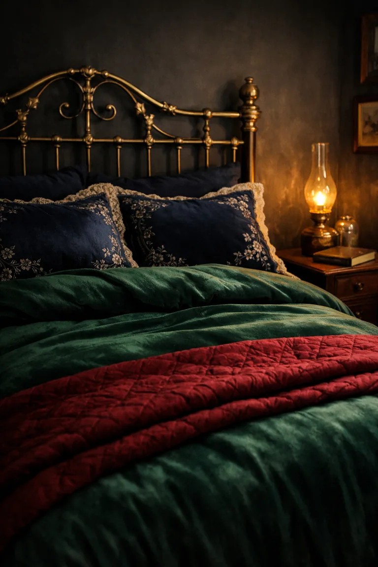 Antique brass bed with emerald velvet duvet, garnet quilt at the foot, and midnight blue lace-trimmed embroidered pillows in a dark charcoal bedroom with a wooden nightstand and lit oil lamp.