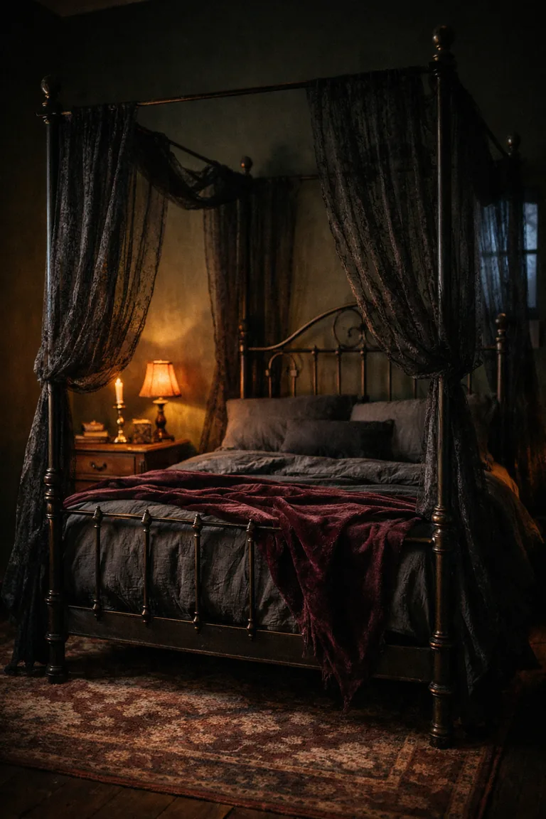 A vintage wrought-iron four-poster bed draped in sheer black lace in a dark cottagecore bedroom with warm lamplight.