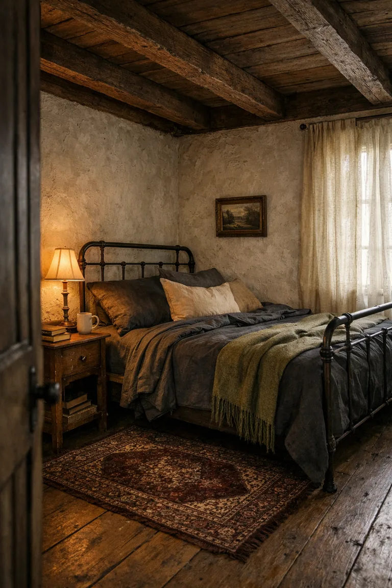 Dark cottage-style bedroom with exposed dark wood ceiling beams, textured off-white plaster walls, an iron bed with charcoal bedding, a warm brass lamp on a wooden nightstand, and a faded patterned rug.