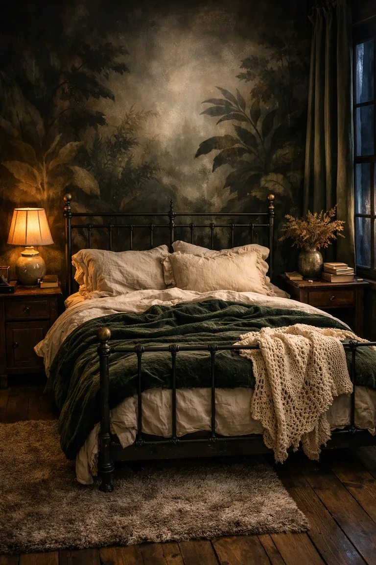 Dark cottagecore bedroom with a shadowy botanical mural behind an iron bed dressed in ivory linen, a deep green velvet quilt, ruffled pillows, and a crocheted throw, with mismatched wooden nightstands and warm lamplight.