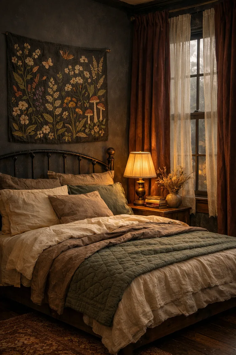 A moody bedroom with a botanical embroidered tapestry on a dark wall, a wrought-iron bed with layered neutral bedding, and deep wine velvet curtains framing a window.