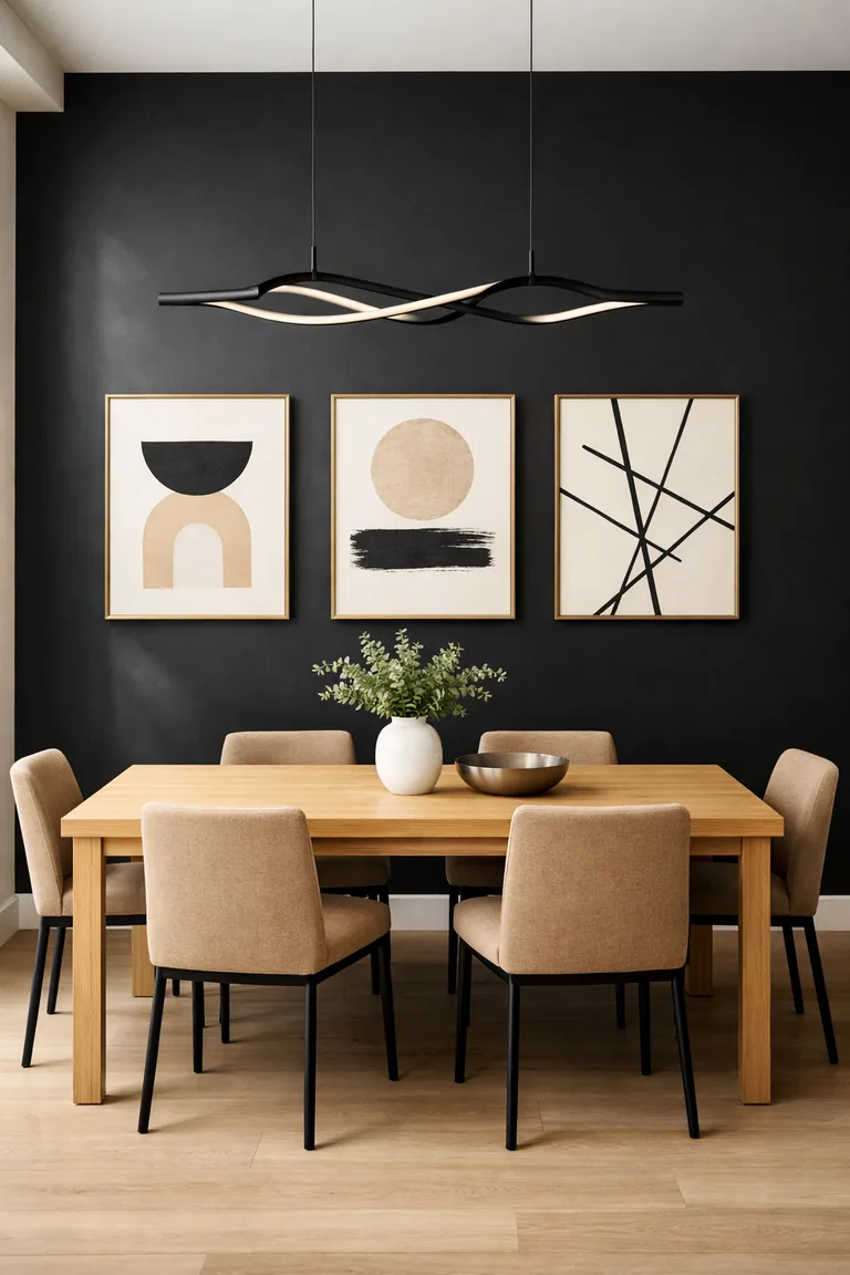 Modern dining room with a matte black accent wall, three minimalist art prints in thin brass frames, a light oak table with beige upholstered chairs, and a black linear pendant light.