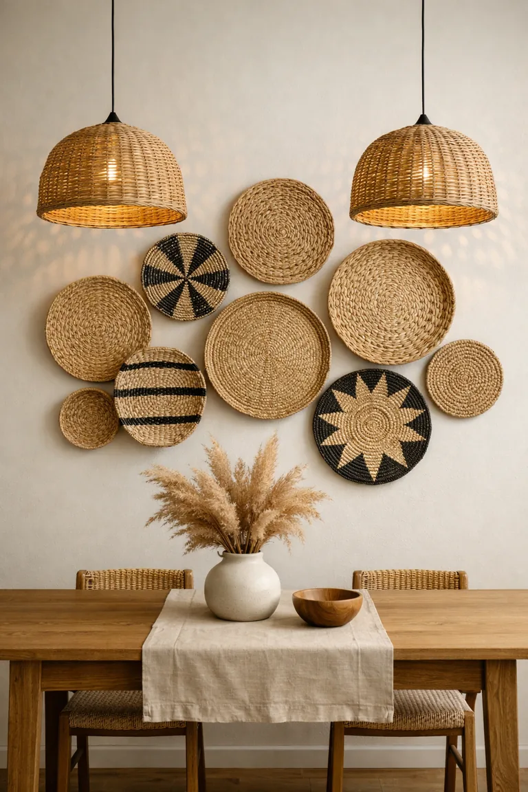 A dining room wall with a clustered display of woven baskets above an oak dining table with a beige runner, a ceramic vase with dried stems, and woven pendant lights.