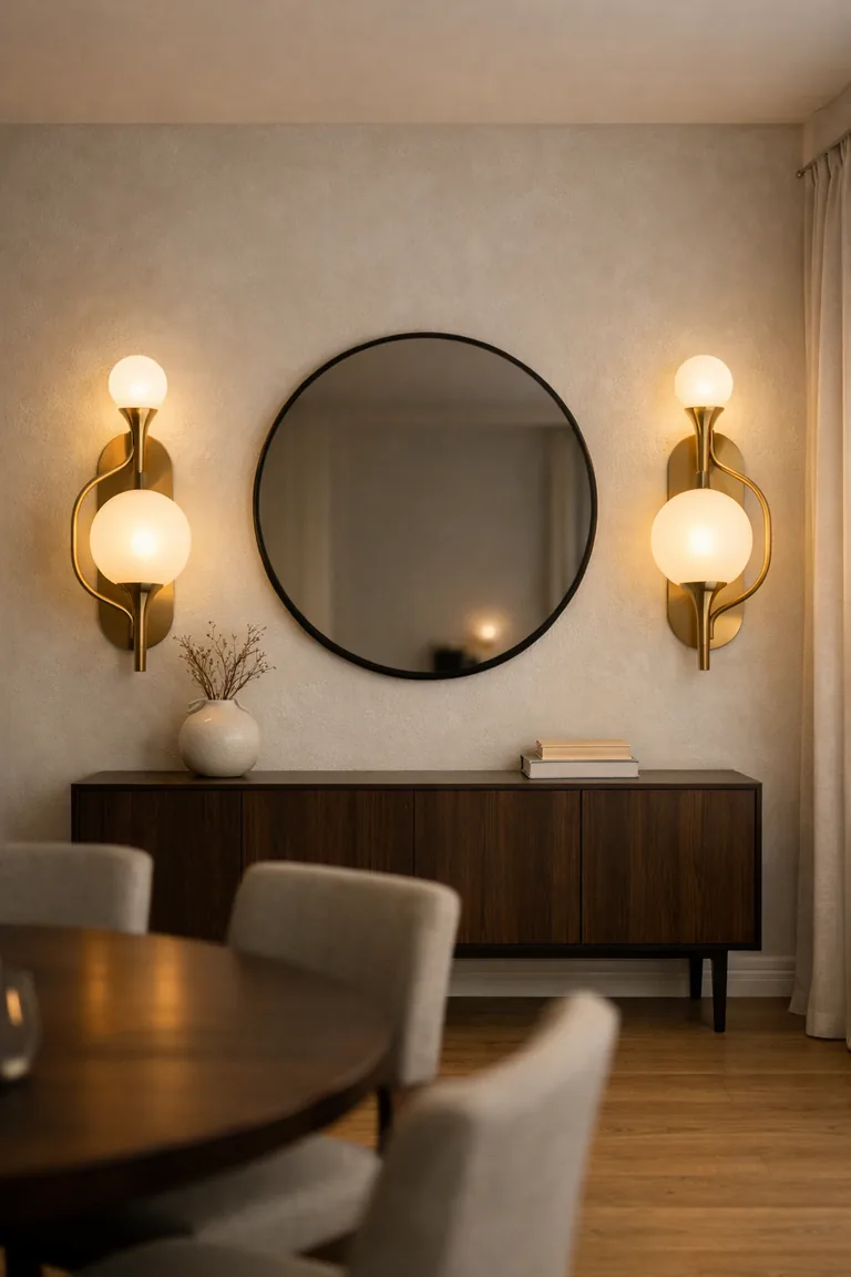 Two large brushed brass wall sconces with frosted glass globes glow on a textured warm white dining room wall above a dark walnut sideboard, with a round black-framed mirror between them.