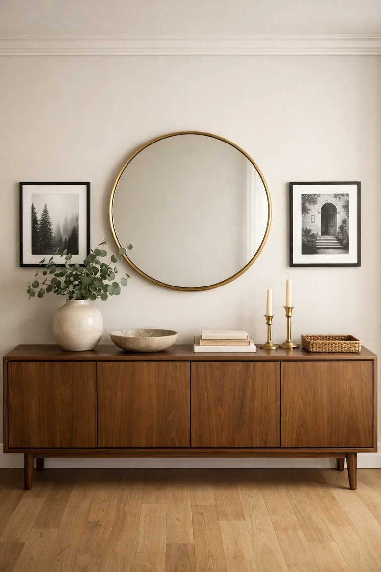 A long walnut buffet against an off-white wall with a round brass-framed mirror above it, flanked by two black-and-white framed prints, and styled decor on top.