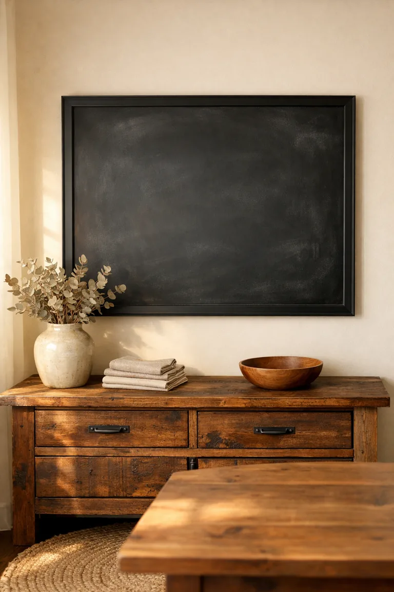 A framed blank chalkboard menu board hangs above a rustic wood sideboard styled with a ceramic vase of dried eucalyptus, folded linen napkins, and a wooden bowl in a warm farmhouse dining room.