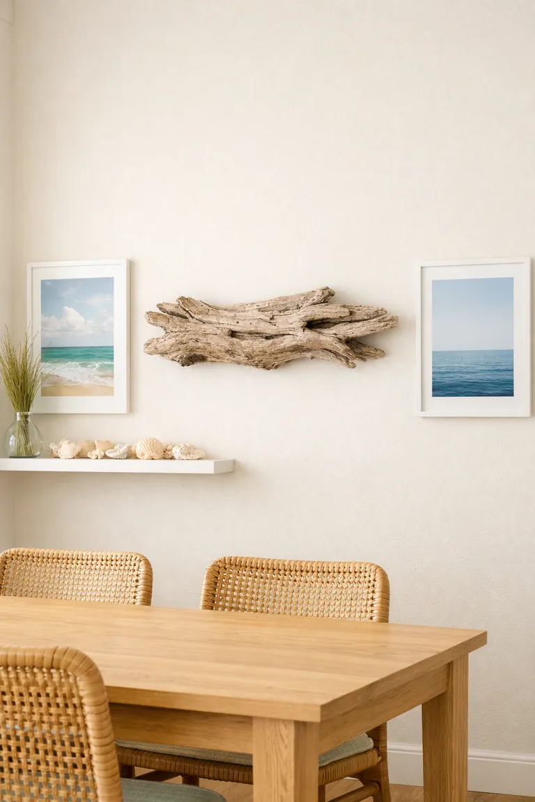 Light coastal dining room with driftwood wall art, two framed ocean prints, and a floating shelf displaying seashells above a light wood table with rattan chairs.