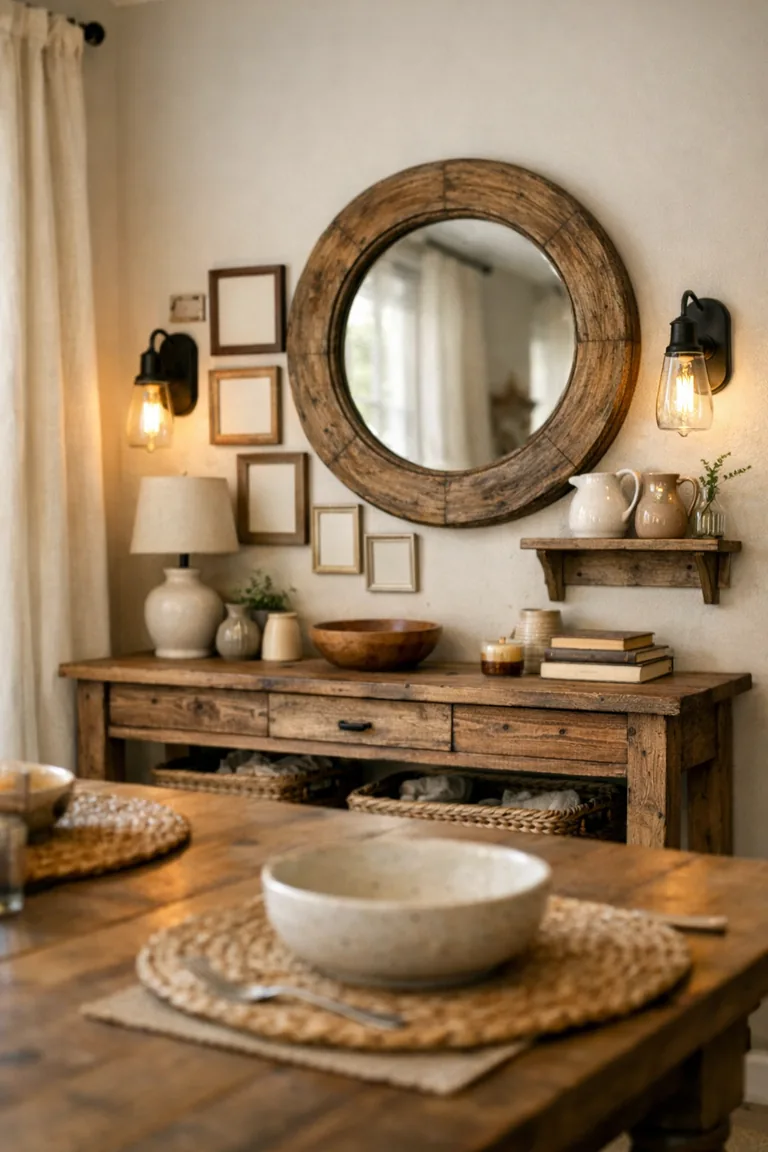 A farmhouse-style dining wall with a weathered wood round mirror above a reclaimed wood console, black metal sconces, vintage-style frames with blank mats, and neutral rustic décor.