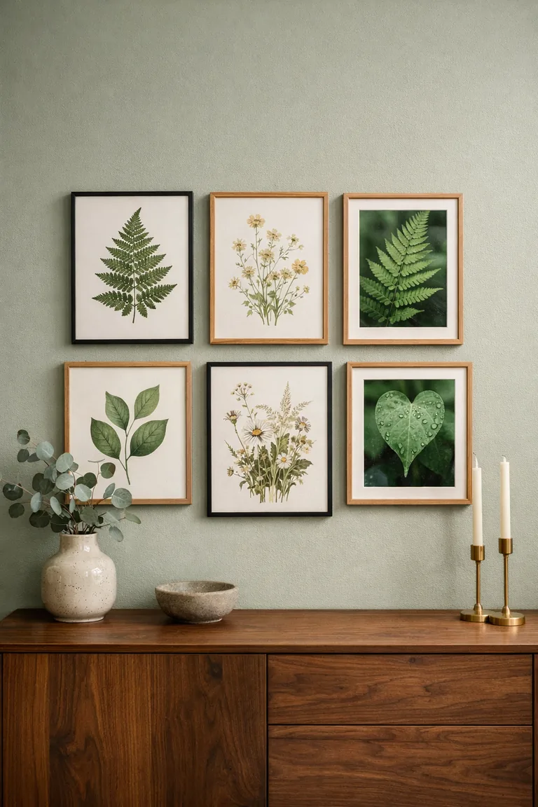 A dining room wall with a grid of six framed botanical prints above a walnut sideboard with a vase of eucalyptus, a stone bowl, and brass candleholders.