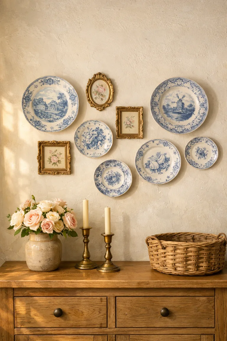 A cream wall with blue-and-white vintage plates and antique-gold framed floral prints above a rustic oak buffet styled with roses, brass candlesticks, and a rattan basket in warm sunlight.