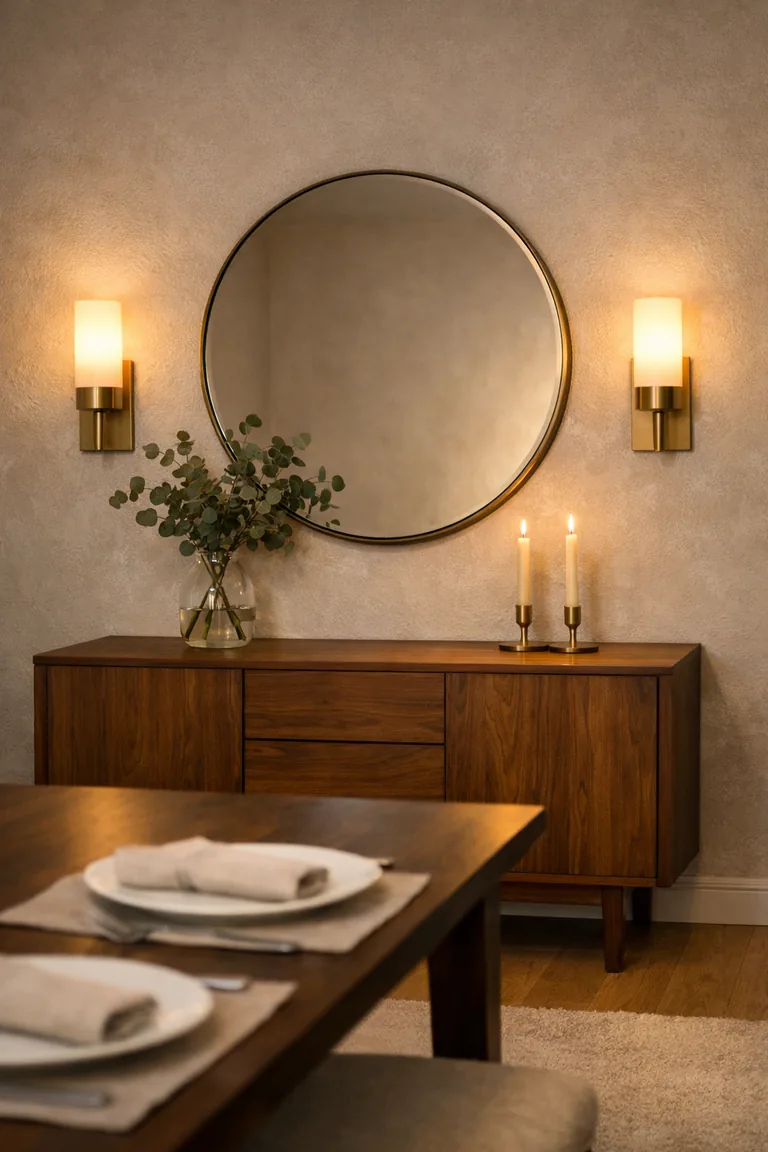 Round mirror above a walnut sideboard with two brushed brass wall sconces glowing on either side, with a dining table set in the foreground.