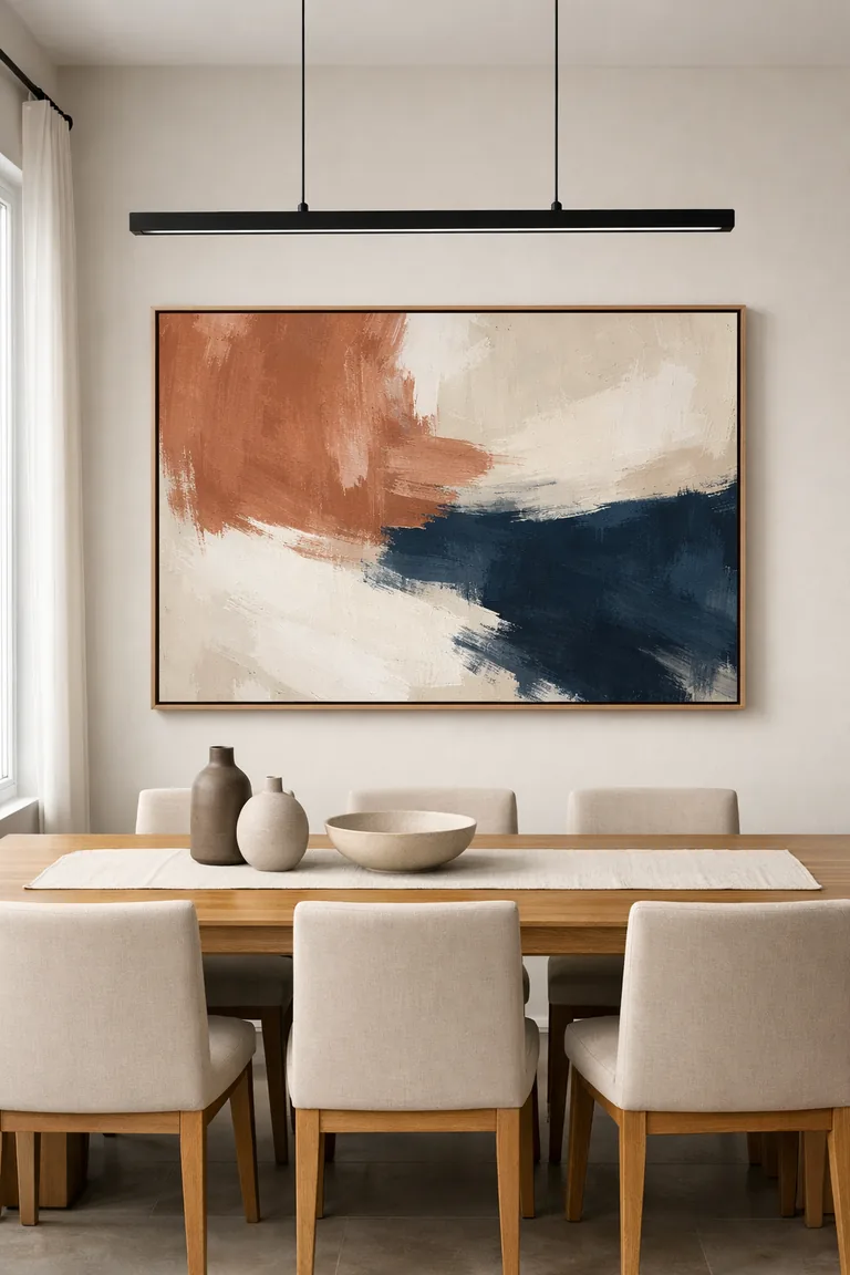 Oversized framed abstract canvas above a natural oak dining table with beige upholstered chairs, styled with neutral ceramics and lit by soft daylight.