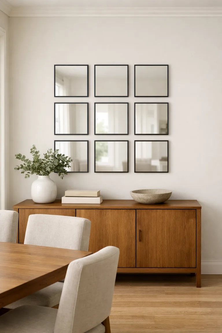 A dining room wall with a 3x3 grid of small square black-framed mirrors above an oak sideboard, lit by soft daylight from the left.
