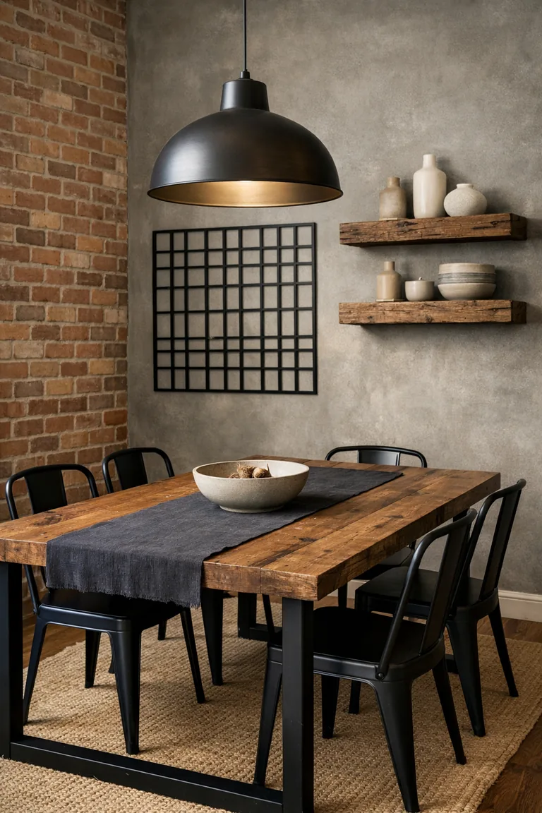 Dining room with a reclaimed wood table, matte black metal chairs, black metal grid wall art, reclaimed wood shelves, exposed brick, and a black dome pendant light.