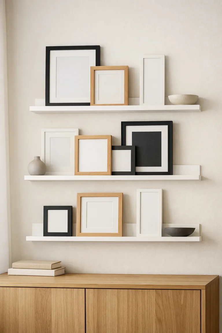 Three slim white wall ledges above a light oak sideboard hold layered framed art, a small ceramic vase, and a shallow bowl on a cream dining room wall.