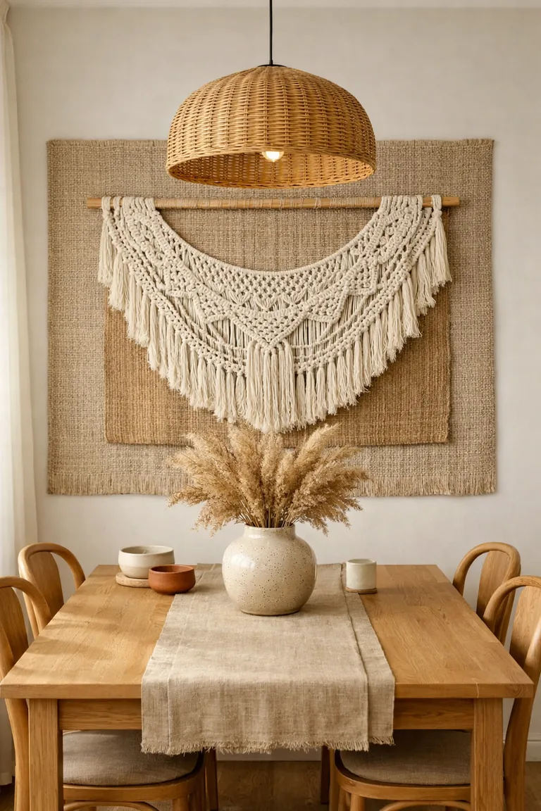 A dining room wall with layered woven tapestry and ivory macramé hanging above a light oak table with a linen runner and a vase of dried pampas grass under a rattan pendant light.