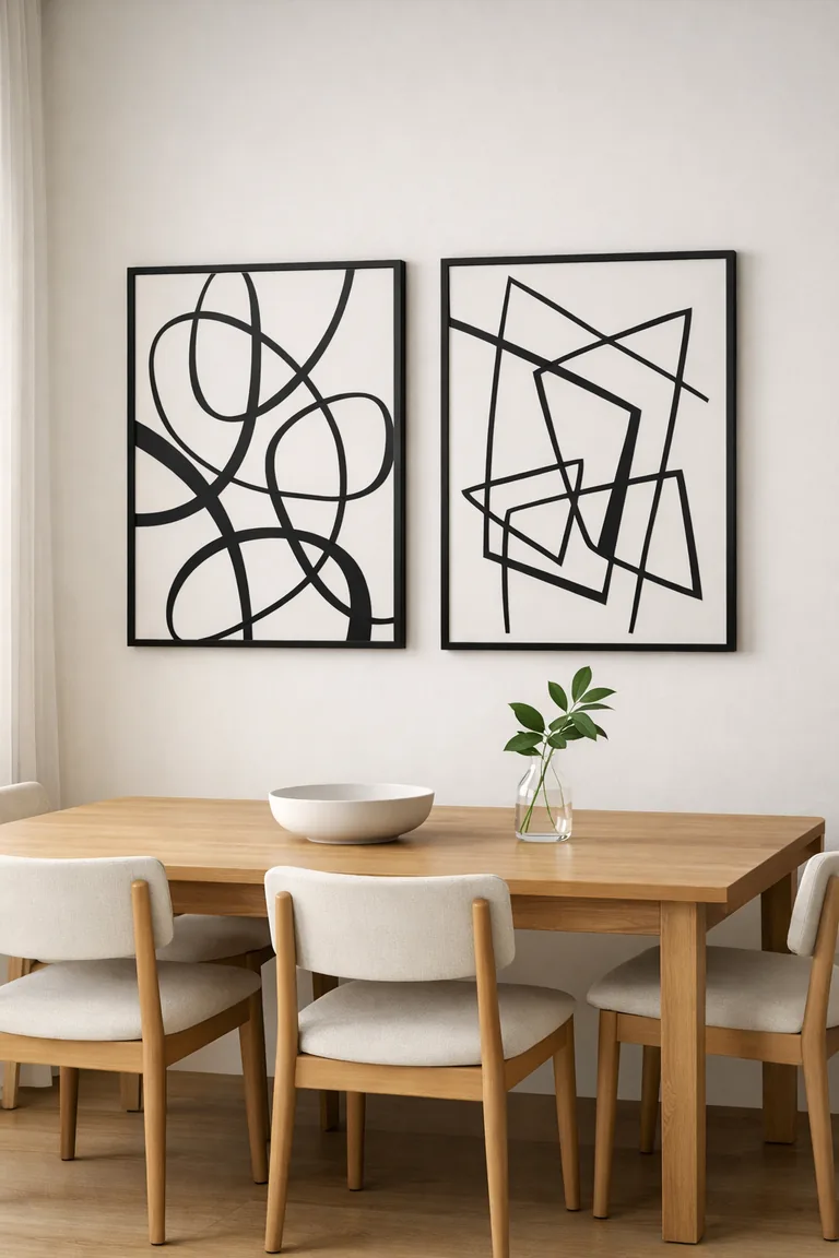 Two black-framed abstract line art prints on a warm-white wall above a light oak dining table with a white ceramic bowl and a clear vase, surrounded by light wood and off-white chairs.