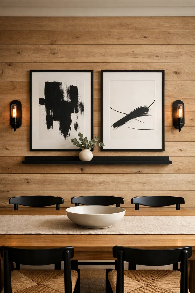 Dining room wall with light-oak shiplap, two black-framed black-and-white abstract prints, black sconces, a slim ledge with a vase of eucalyptus, and a natural wood table in the foreground.