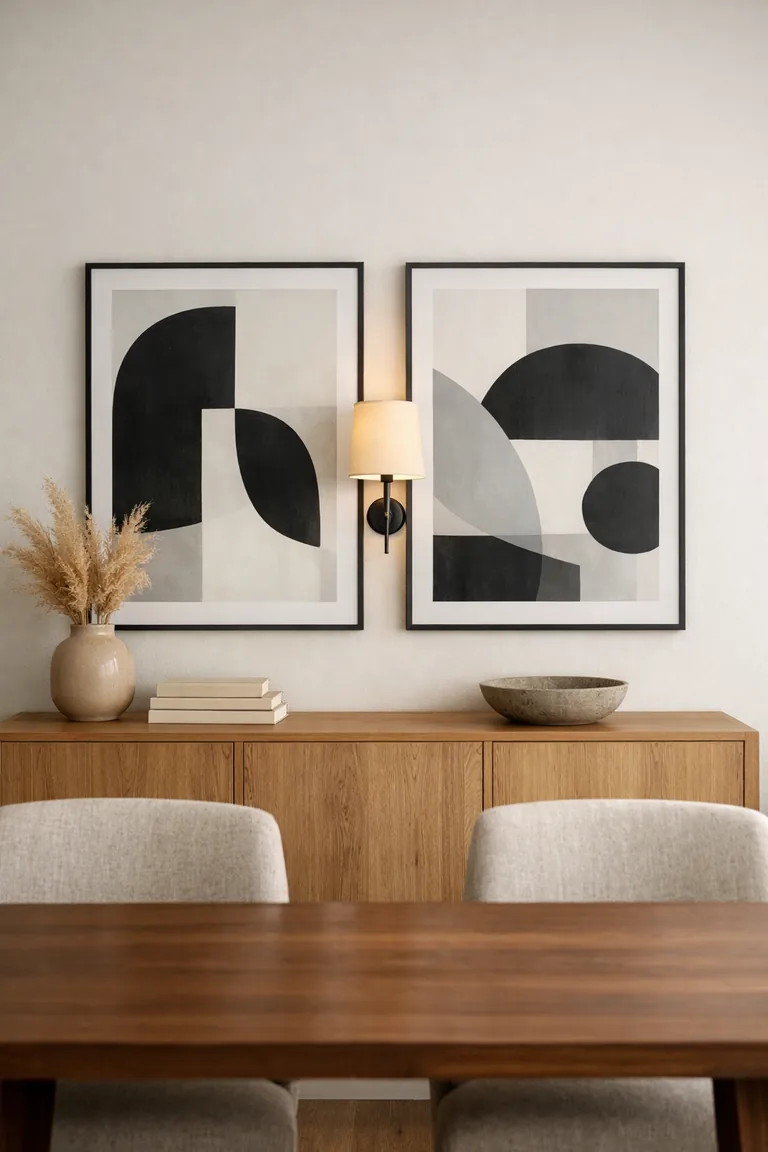 A neutral dining room wall with two framed black-and-white abstract prints above a light oak sideboard, styled with a beige vase of pampas grass and simple decor under soft lighting.