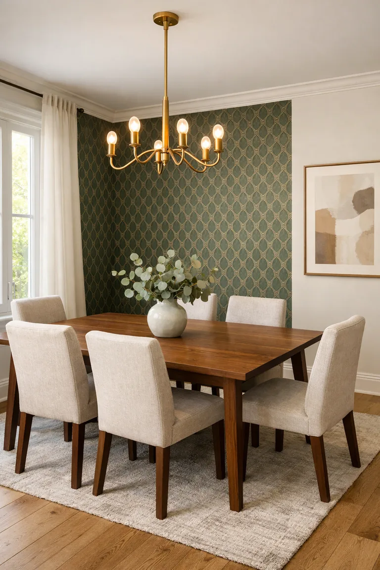 Dining room with deep emerald patterned wallpaper on one accent wall, a walnut table with six beige upholstered chairs, a brass chandelier, and daylight through a window with sheer curtains.