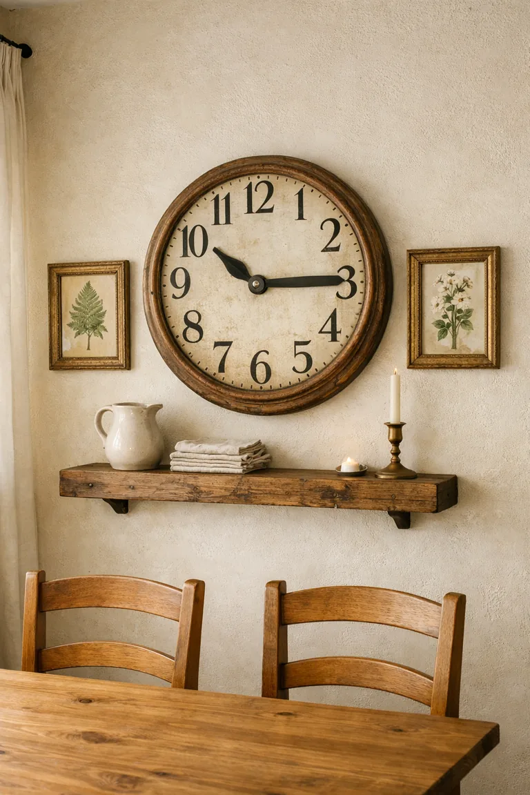 An off-white dining room wall with a weathered wooden round clock, two framed botanical prints, and a reclaimed wood shelf above an oak table and ladder-back chairs.