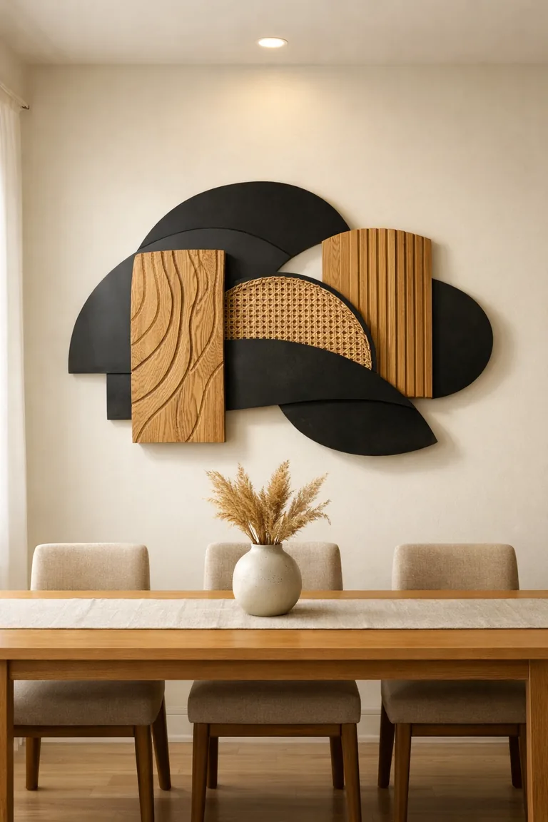 A dining room wall with layered 3D wall art made of black metal arcs, carved oak panels, and woven rattan above a light oak table with beige upholstered chairs.