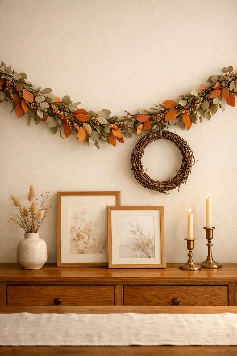 A dining room wall above a wooden sideboard decorated with an autumn garland, a twig wreath, and framed botanical prints, styled with dried stems, brass candlesticks, and warm natural light.