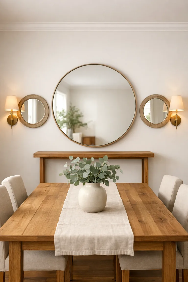 A dining room with a large round mirror flanked by two smaller round mirrors above a wooden console, with a wood dining table, linen runner, and a ceramic vase under warm sconce lighting.