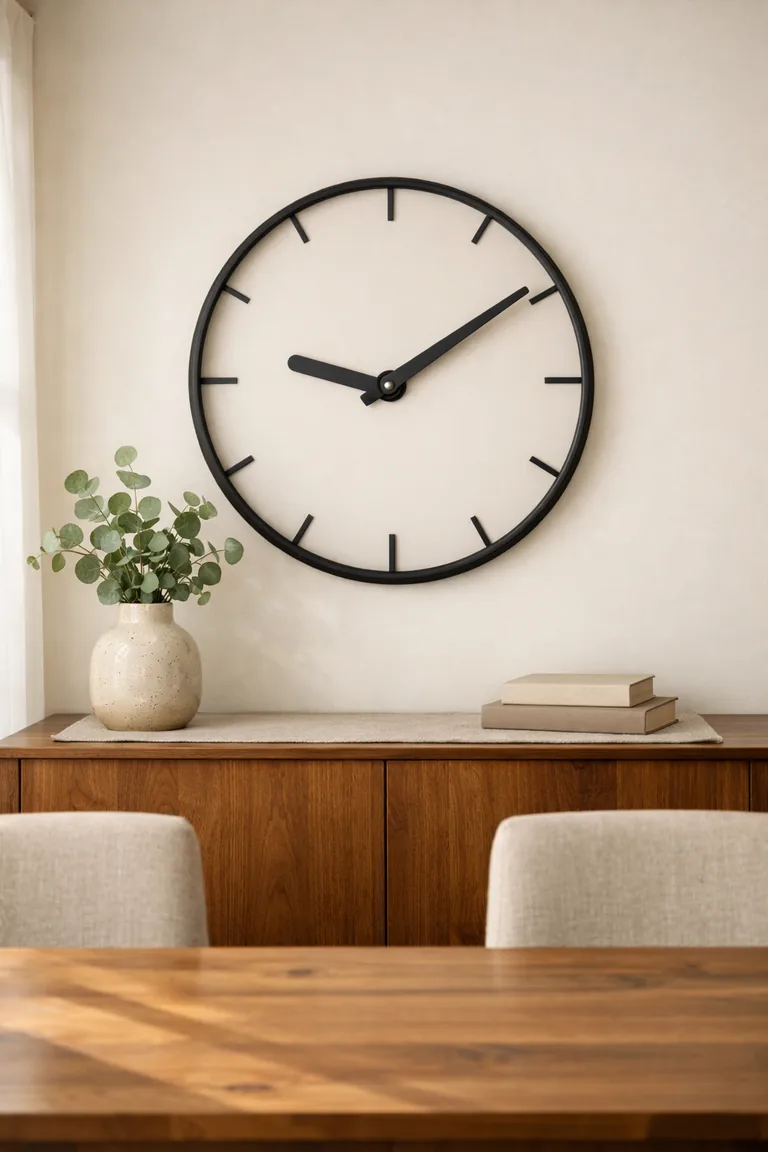 A dining room wall with a large round black-framed clock above a walnut sideboard styled with a ceramic vase, eucalyptus stems, and neutral decor, lit by soft daylight from the left.