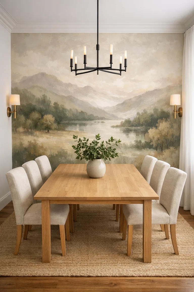 A photorealistic dining room with a large nature-inspired mural behind a light oak table, ivory upholstered chairs, a beige rug, warm brass sconces, and soft daylight through sheer curtains.