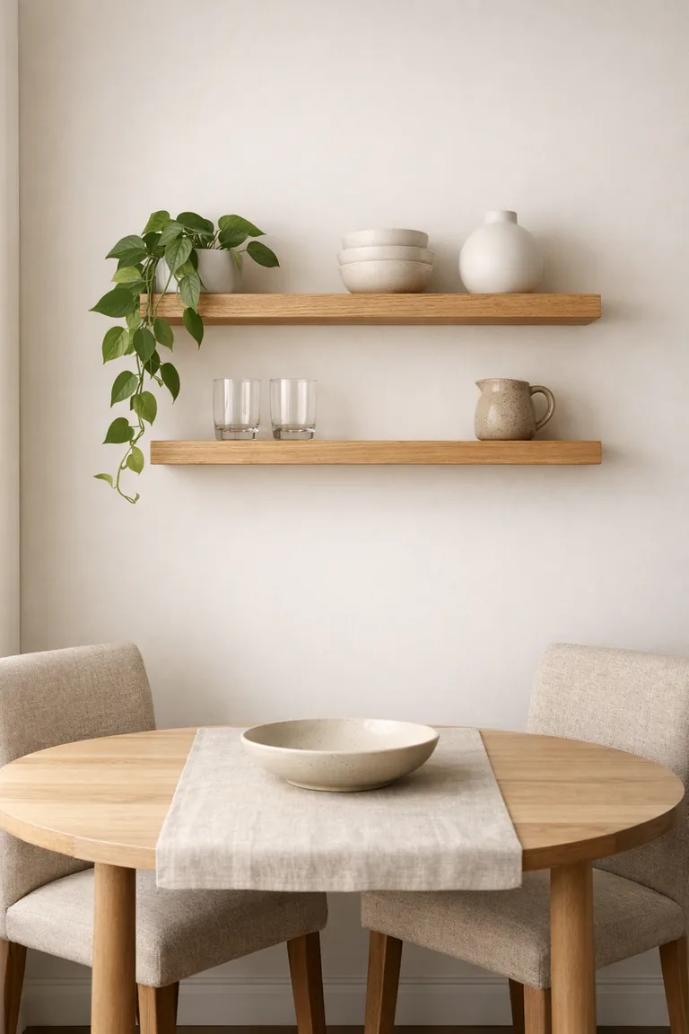 Two light oak floating shelves on a warm white dining room wall, styled with a trailing plant, neutral ceramics, and clear glassware above a small round table with two upholstered chairs.