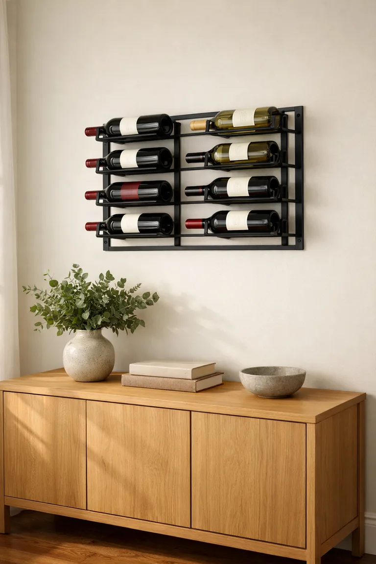 A matte black wall-mounted wine rack with wine bottles hangs above a light oak buffet styled with a ceramic vase, stacked books, and a stone bowl in a warm, softly lit dining room.
