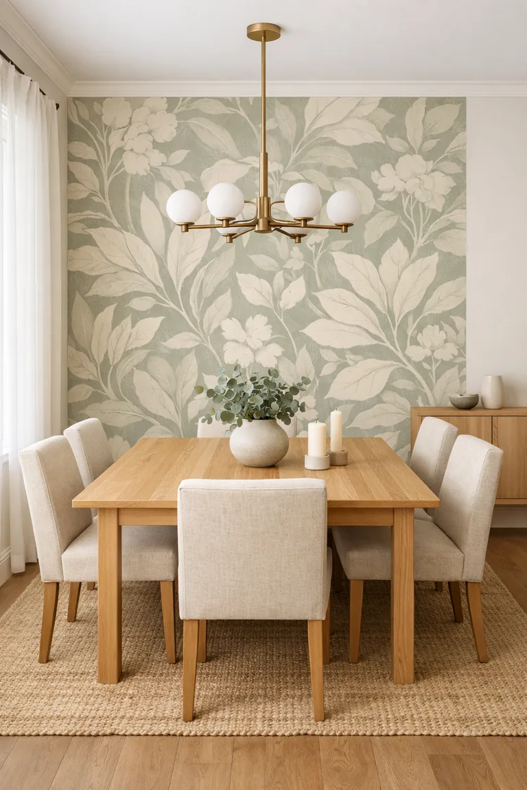 Dining room with a sage-and-ivory botanical wallpaper accent wall behind a light oak table, six oatmeal upholstered chairs, a jute rug, and a brass globe chandelier in warm daylight.