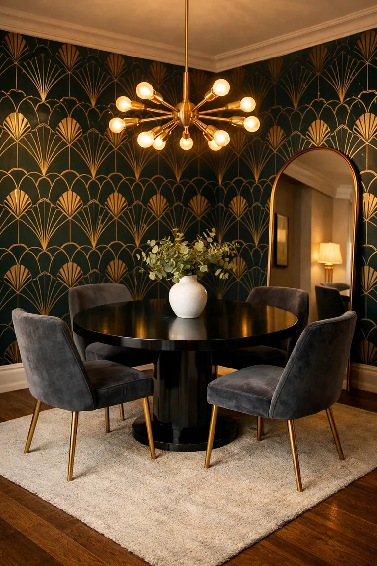 A dining room with emerald and gold Art Deco fan-pattern wallpaper, a round black lacquer table with four charcoal velvet chairs, and a brass sputnik chandelier.