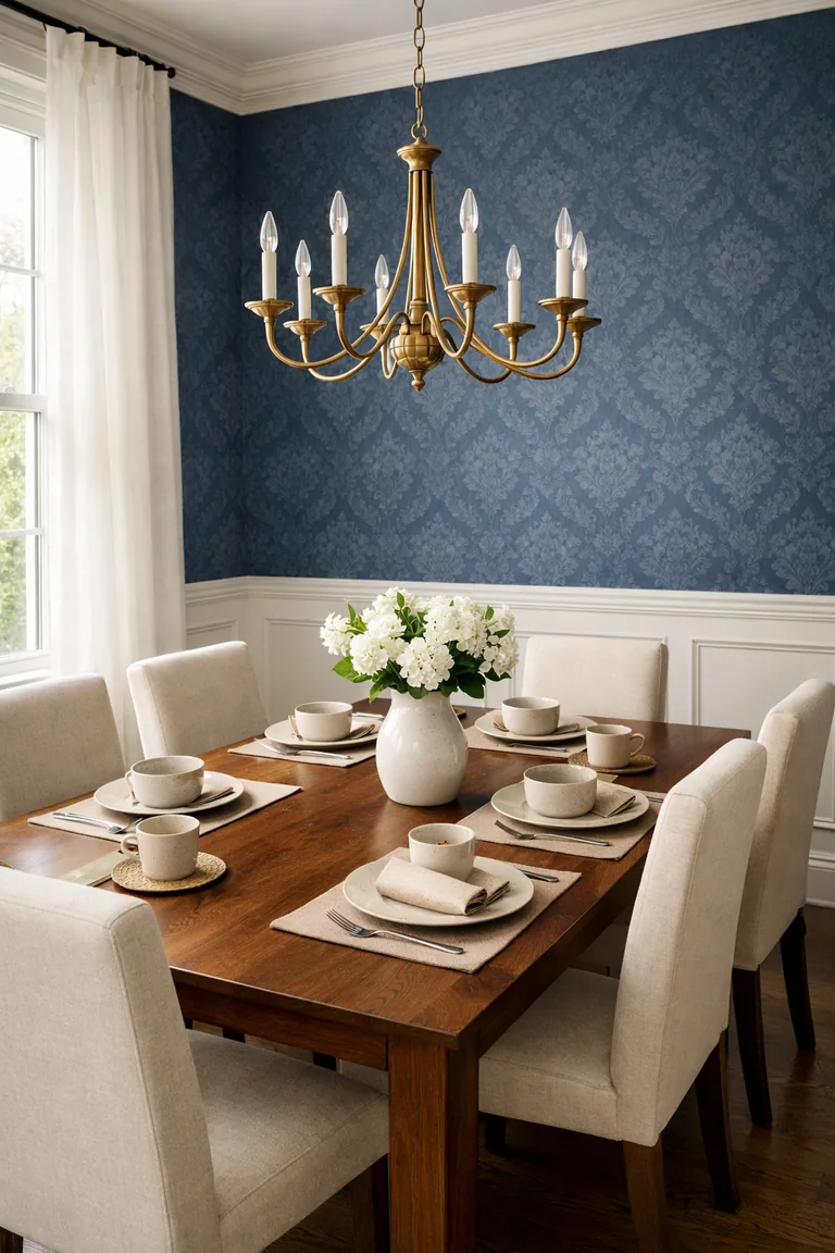 Dining room with navy and slate blue damask wallpaper, a walnut table with six ivory upholstered chairs, white wainscoting, and a brass chandelier lit by soft daylight from a window with sheer curtains.