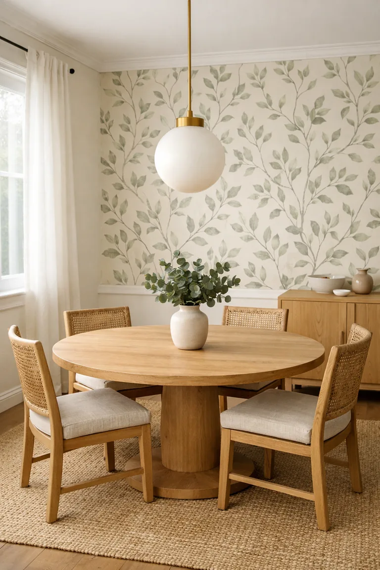 Round light-oak dining table with rattan chairs in front of a botanical wallpaper accent wall, lit by a brass and glass pendant and daylight from a window with sheer curtains.