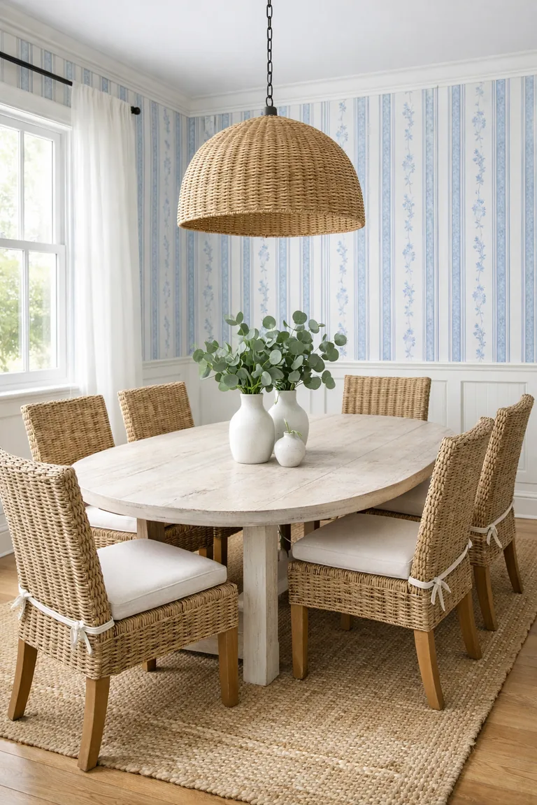 A bright dining room with blue-and-white striped floral wallpaper, a whitewashed oval table on a jute rug, rattan chairs with white cushions, a woven pendant light, and white vases with greenery near a sunlit window.