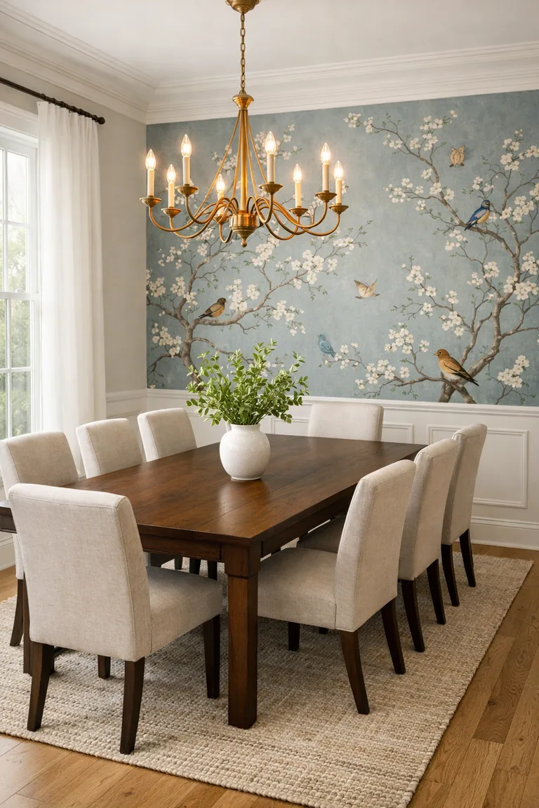 A formal dining room with blue-and-ivory chinoiserie wallpaper, a dark walnut table with beige upholstered chairs, a brass chandelier, and a white vase centerpiece.