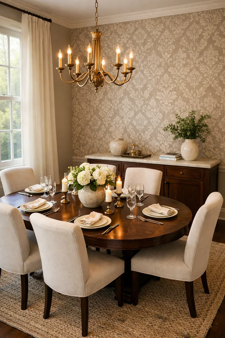 A traditional dining room with taupe-and-ivory damask wallpaper, a dark walnut oval table with six cream upholstered chairs, a brass chandelier, and a walnut sideboard with a marble top.