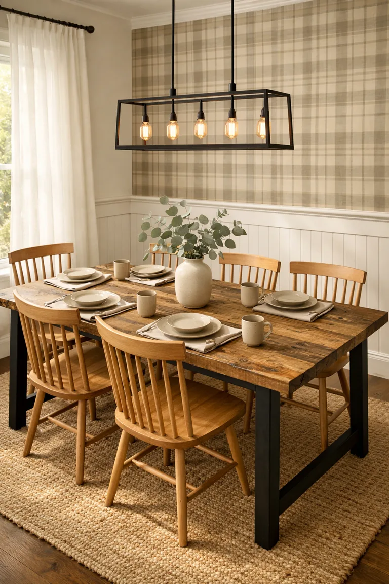Modern farmhouse dining room with a reclaimed wood table, light oak spindle-back chairs, muted greige-and-cream plaid wallpaper on a feature wall, white shiplap wainscoting, a black iron chandelier, and a jute rug.