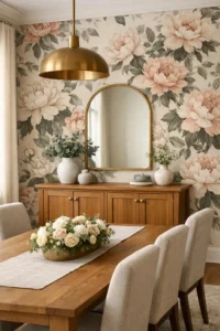 A dining room with a floral wallpaper accent wall behind an oak buffet, an arched brass mirror, a wooden dining table with a linen runner, and upholstered chairs under warm pendant lighting.