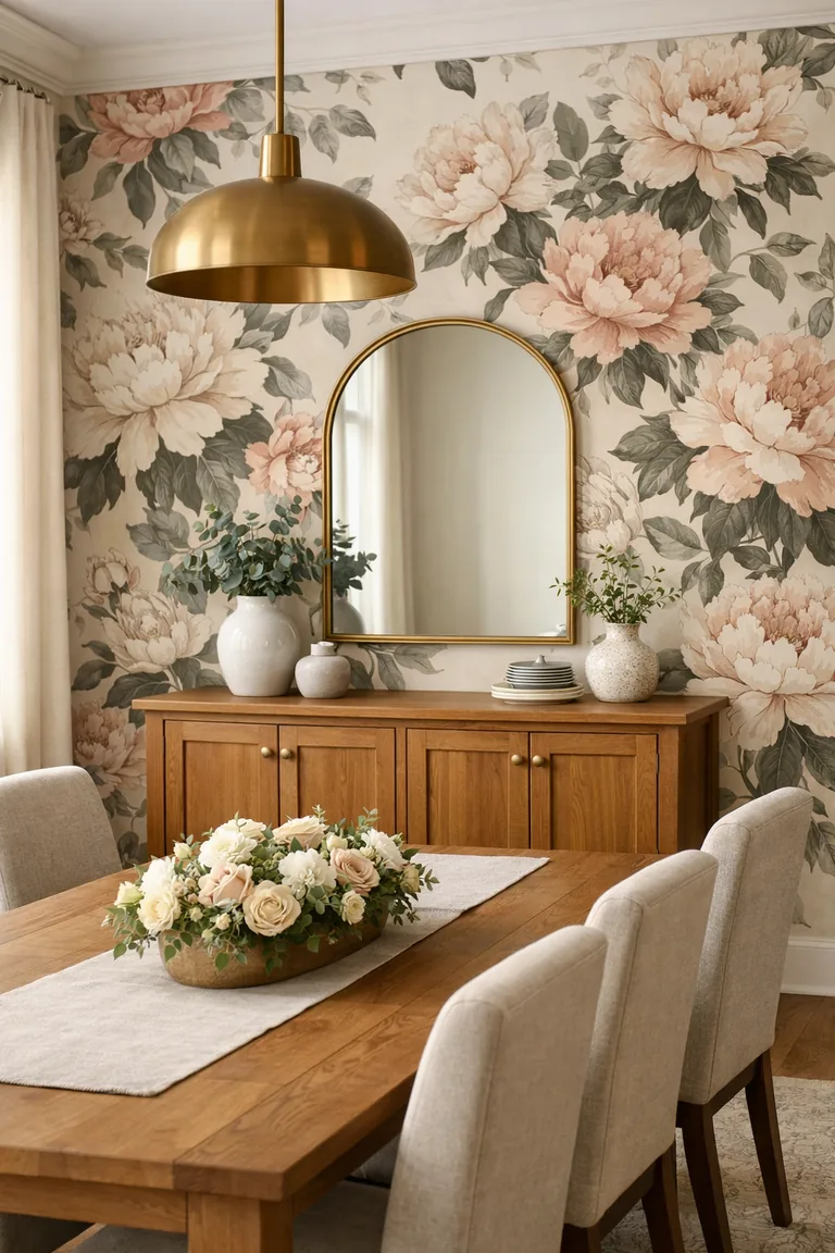 A dining room with a floral wallpaper accent wall behind an oak buffet, an arched brass mirror, a wooden dining table with a linen runner, and upholstered chairs under warm pendant lighting.