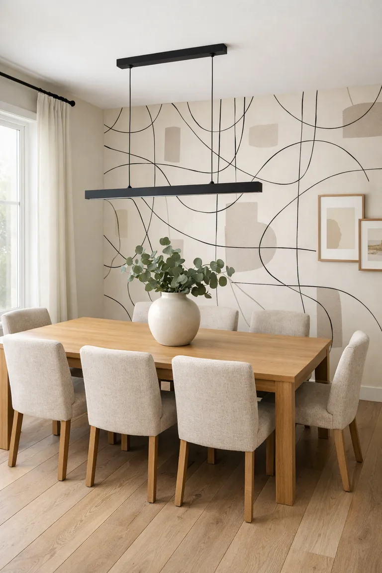 A bright dining room with a graphic black-and-taupe wallpapered accent wall, a light oak table with six upholstered chairs, and a matte black linear pendant light.