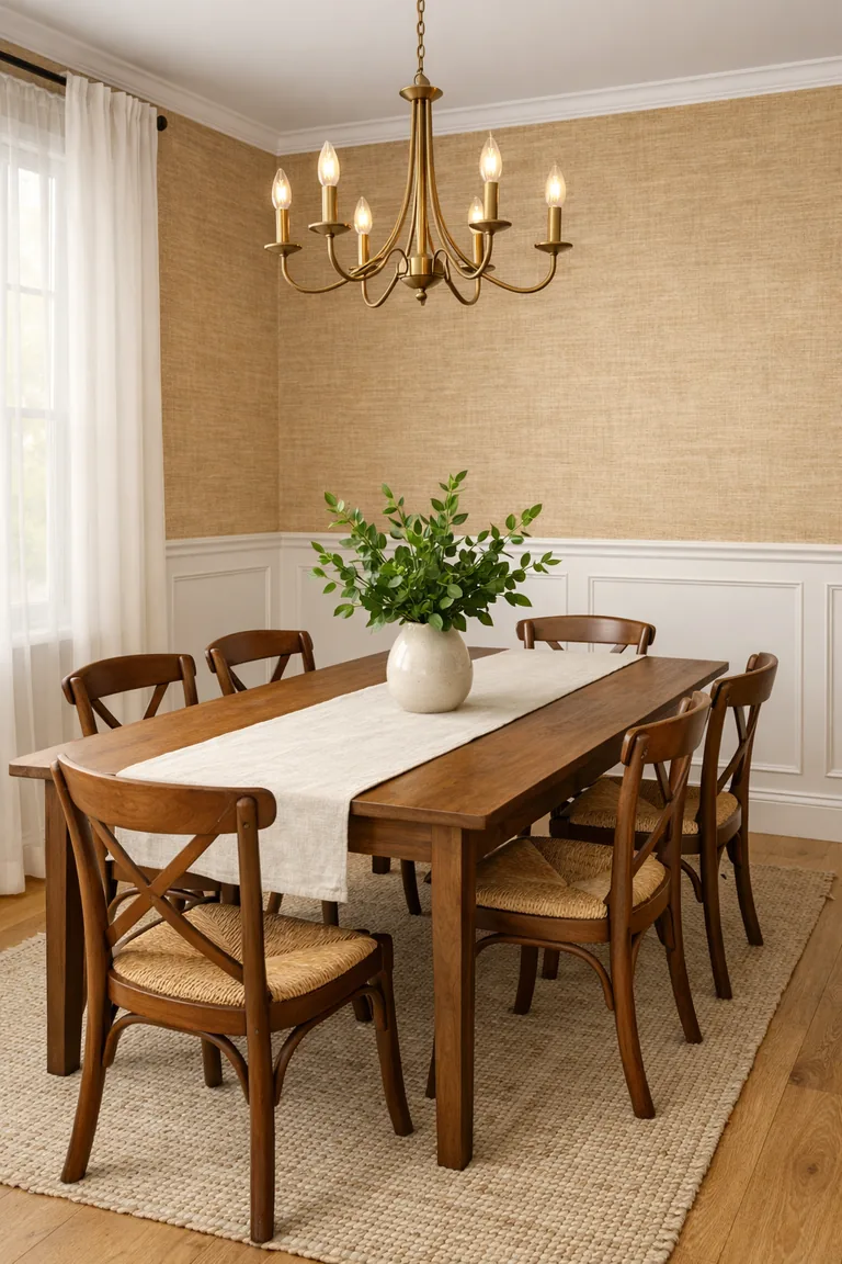 Dining room with beige grasscloth wallpaper above white wainscoting, a walnut table with wooden chairs, a brass chandelier, and soft daylight from a window with sheer curtains.